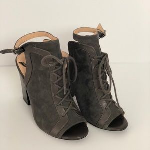 Grey suede lace up heels with open heel